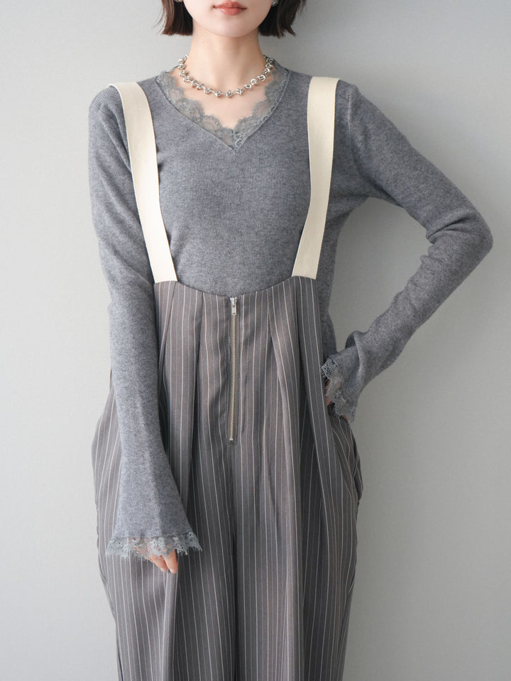 [予約]レースドッキングVネックニットトップス/gray