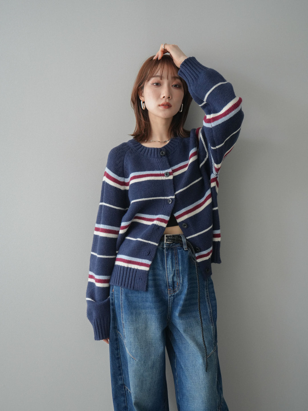 [予約]ランダムボーダーニットカーディガン/navy