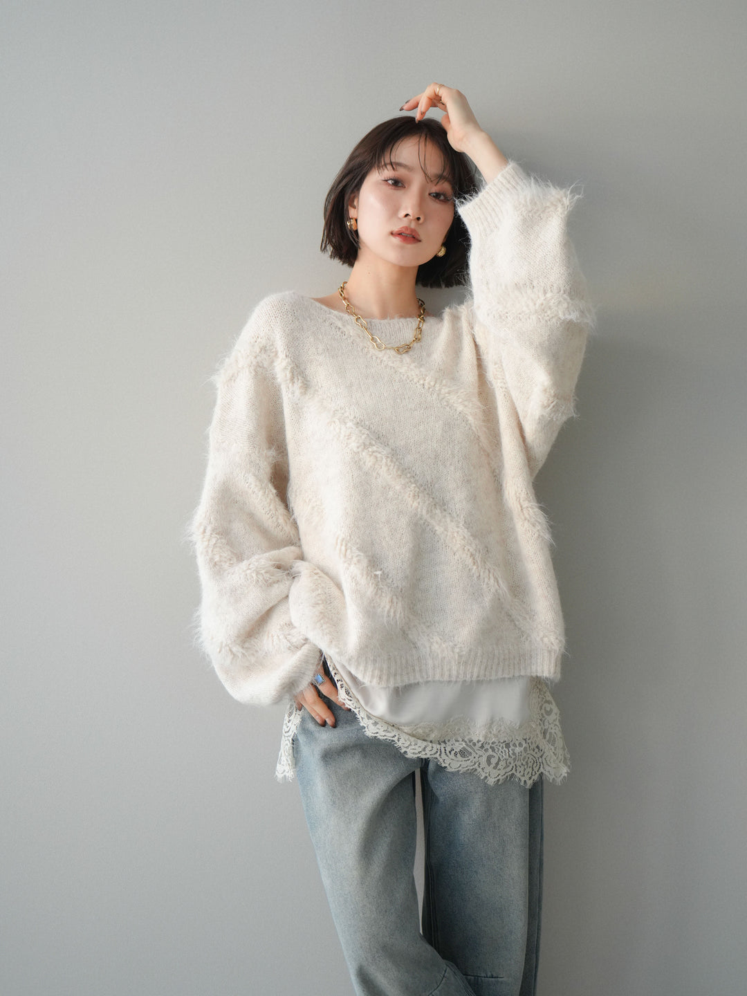 [SET]シャギーデザインニットプルオーバー+シャギーデザインニットプルオーバー(2set)