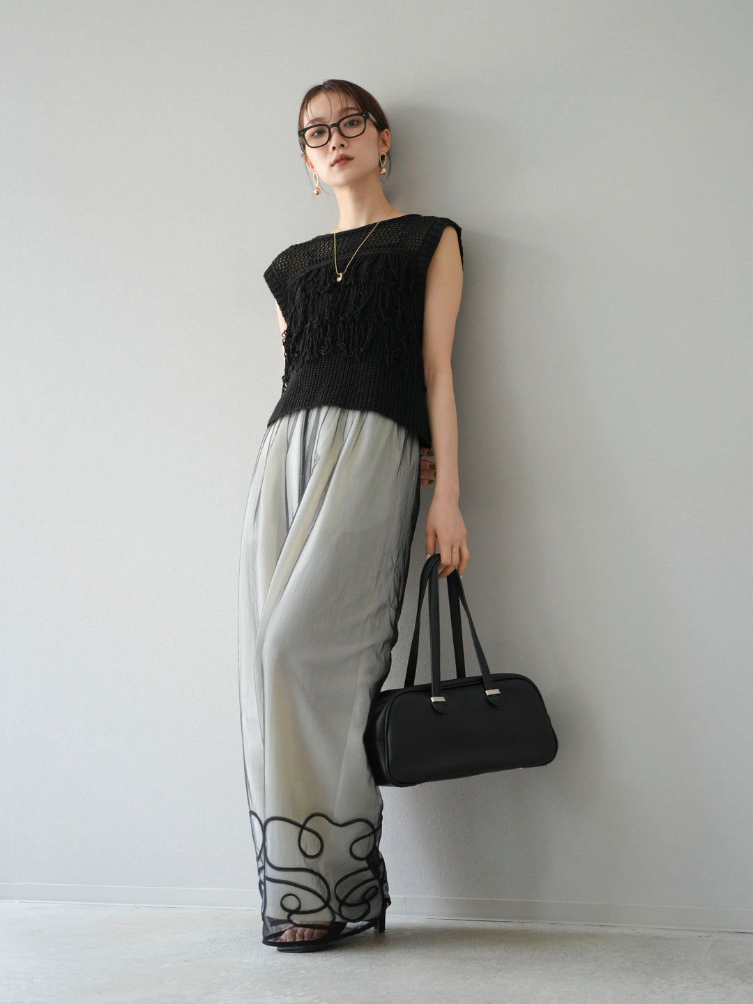 [SET]透かし編みフリンジニットトップス+コード刺繍チュールレイヤードパンツ(2set)