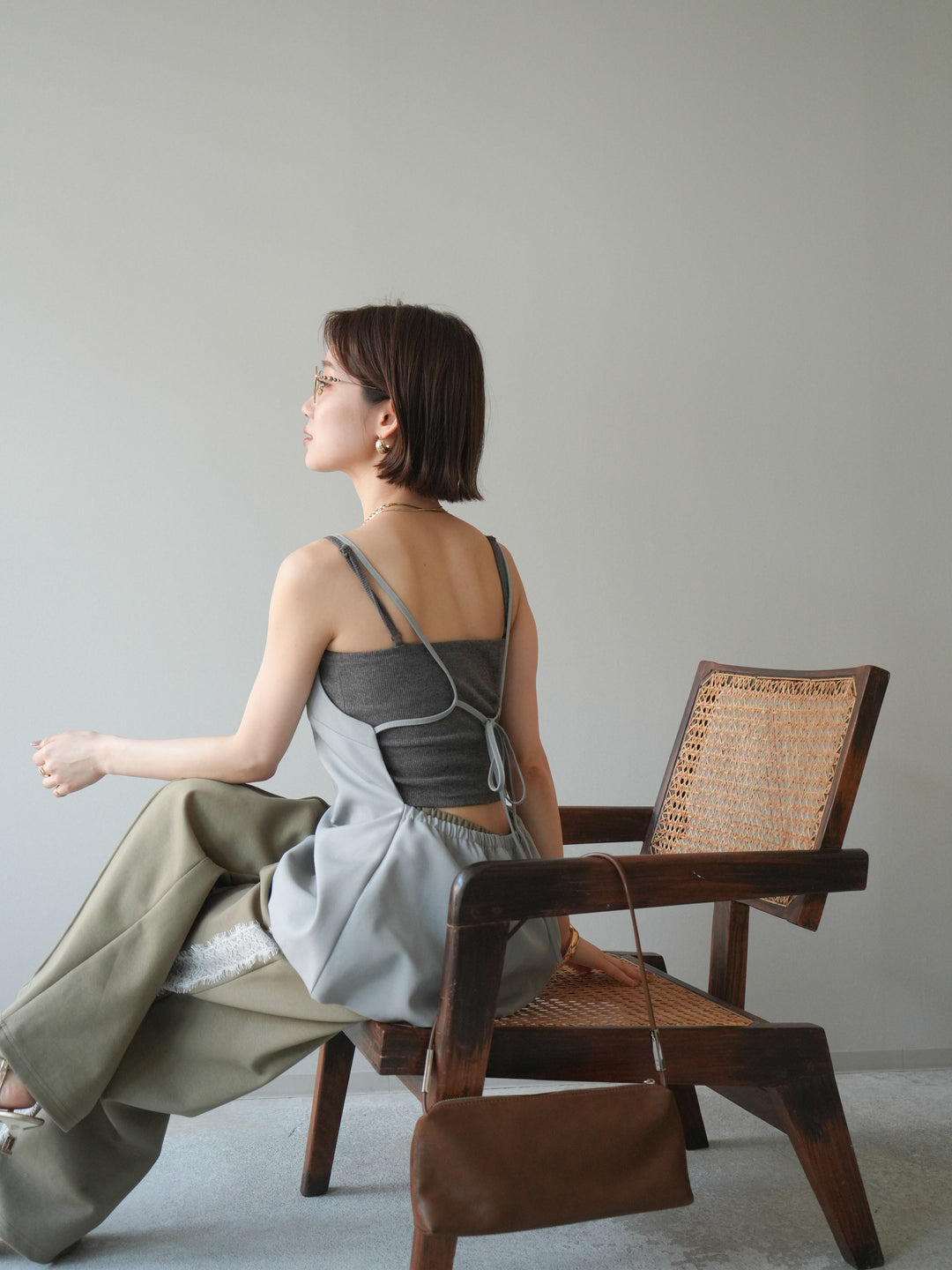 [SET]バックリボンバルーンチュニックキャミ+サイドレースポンチワイドパンツ(2set)