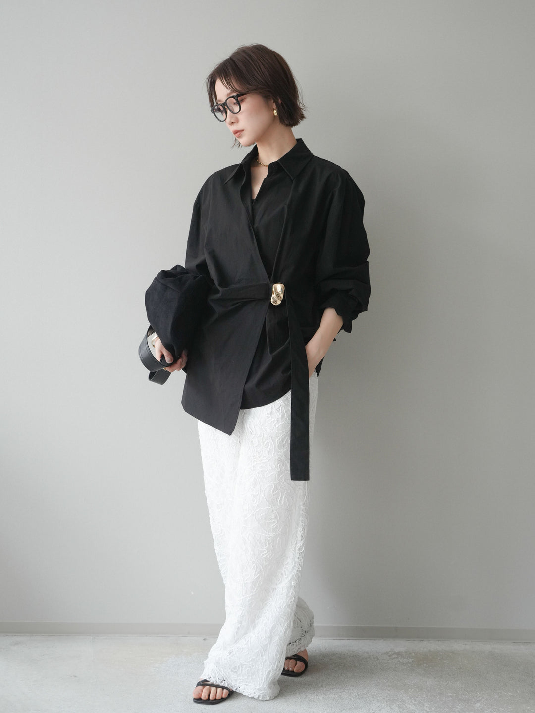[SET]メタルパーツドレープシャツ+シアーコードレースイージーパンツ(2set)