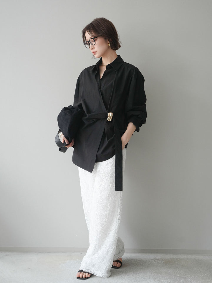 [SET]メタルパーツドレープシャツ+シアーコードレースイージーパンツ(2set)