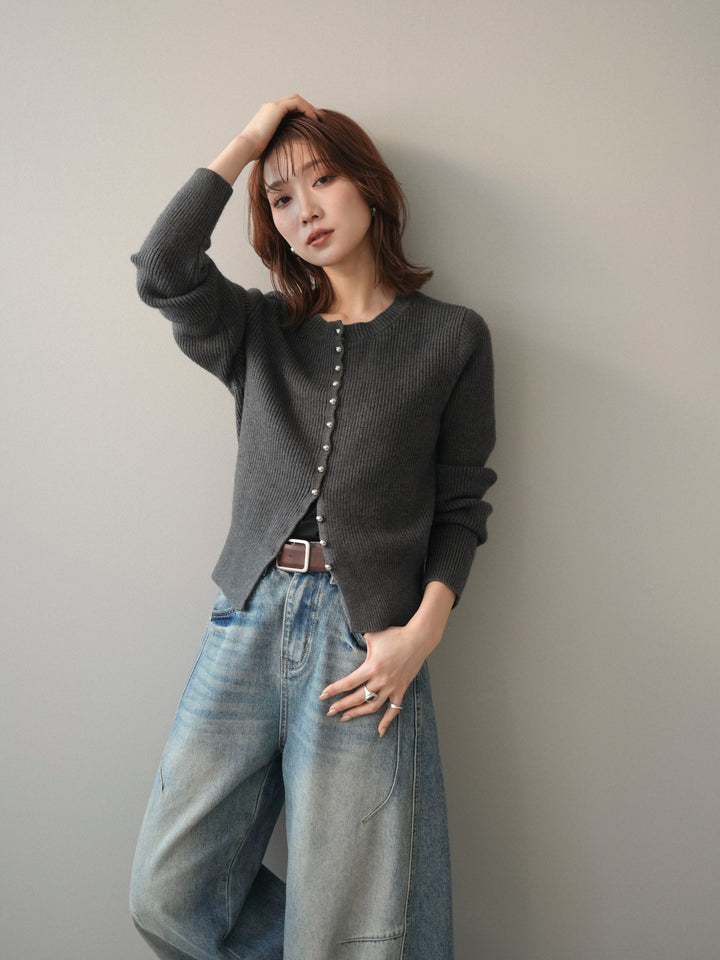 [SET]シルバーボタン畦編みニットカーディガン+ベルト付カーブデニムパンツ(2set)