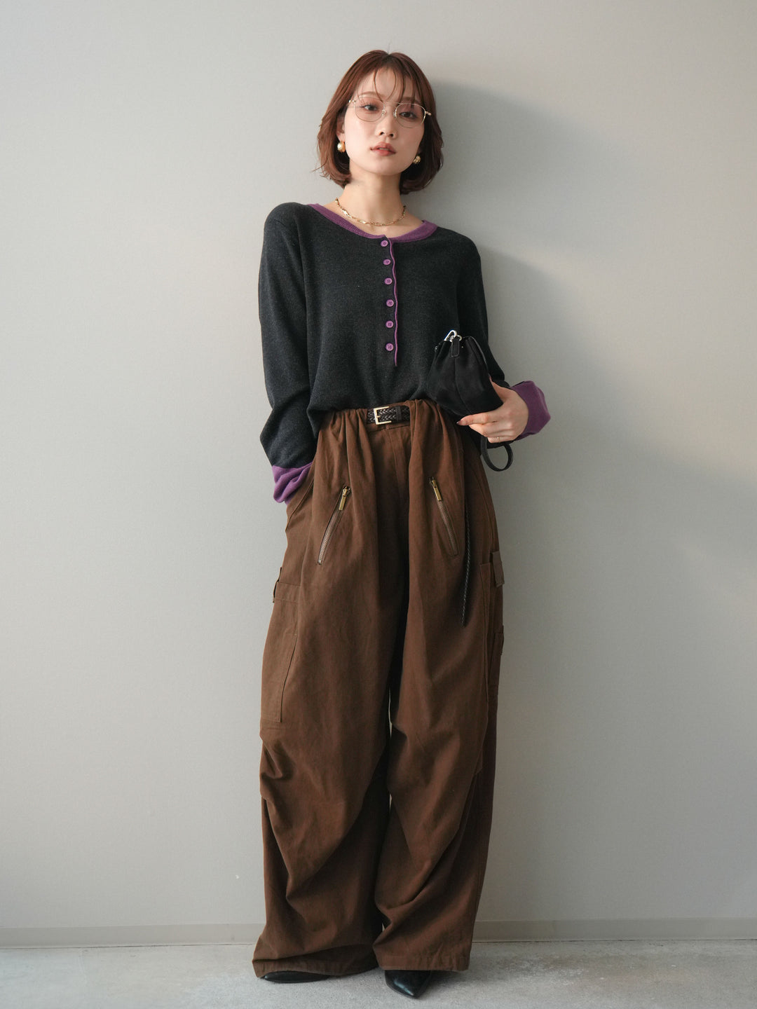 [SET]ヘンリーネック配色ニットソー+コットンタックループパンツ(2set)