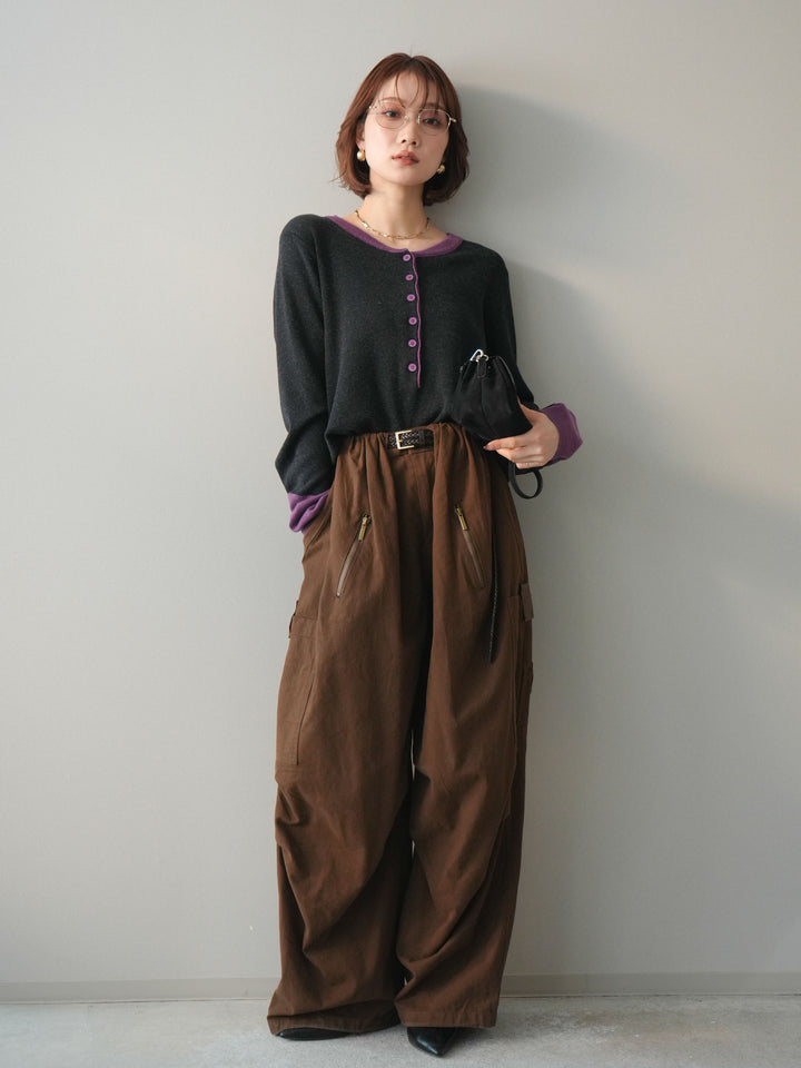 [SET]ヘンリーネック配色ニットソー+コットンタックループパンツ(2set)