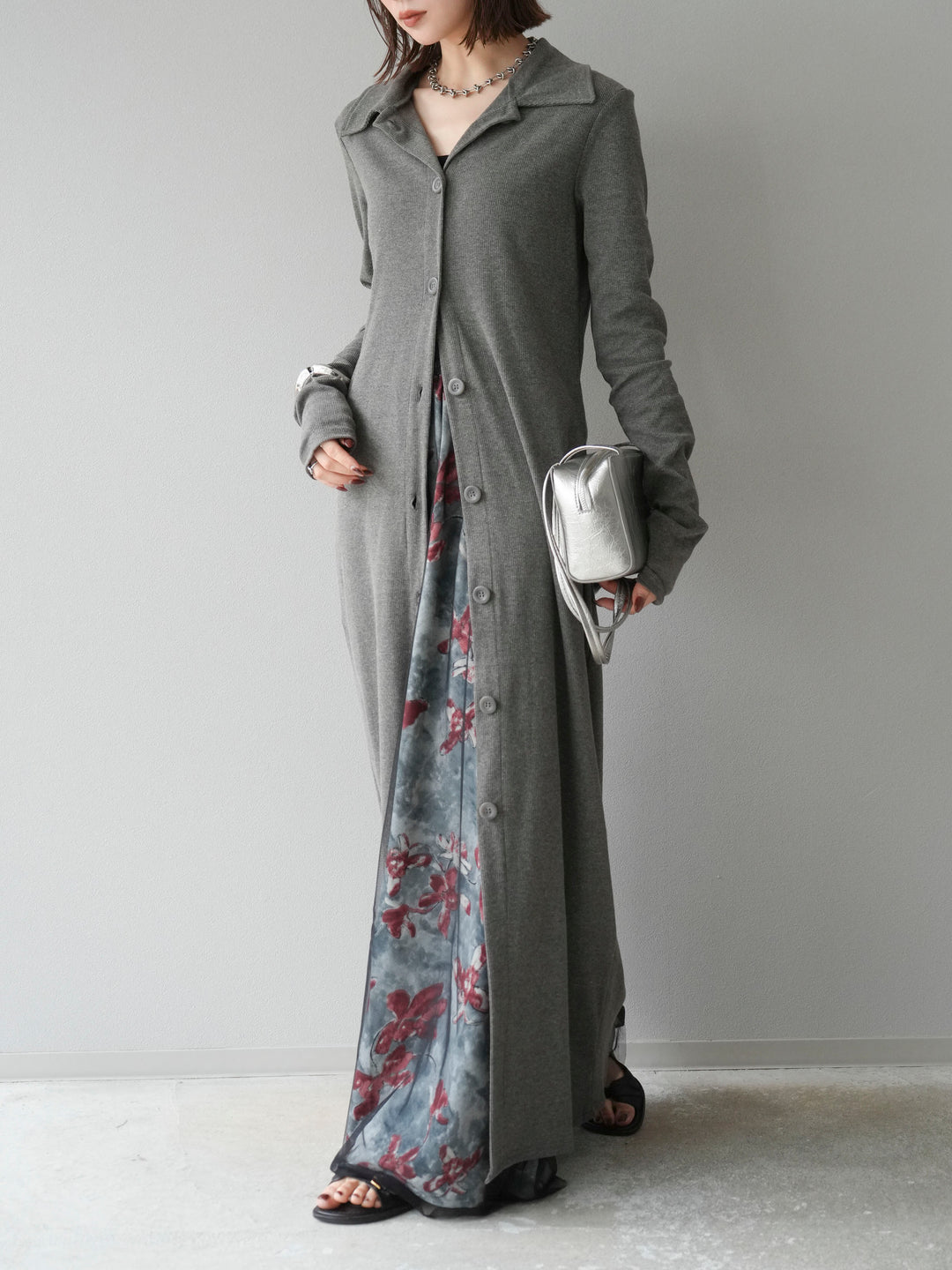 [SET]襟付きカットリブボタンワンピース+フラワープリントチュールレイヤードパンツ(2set)