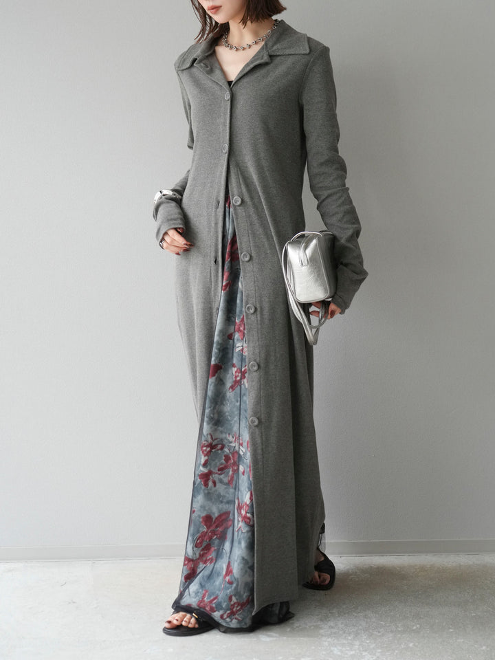 [SET]襟付きカットリブボタンワンピース+フラワープリントチュールレイヤードパンツ(2set)