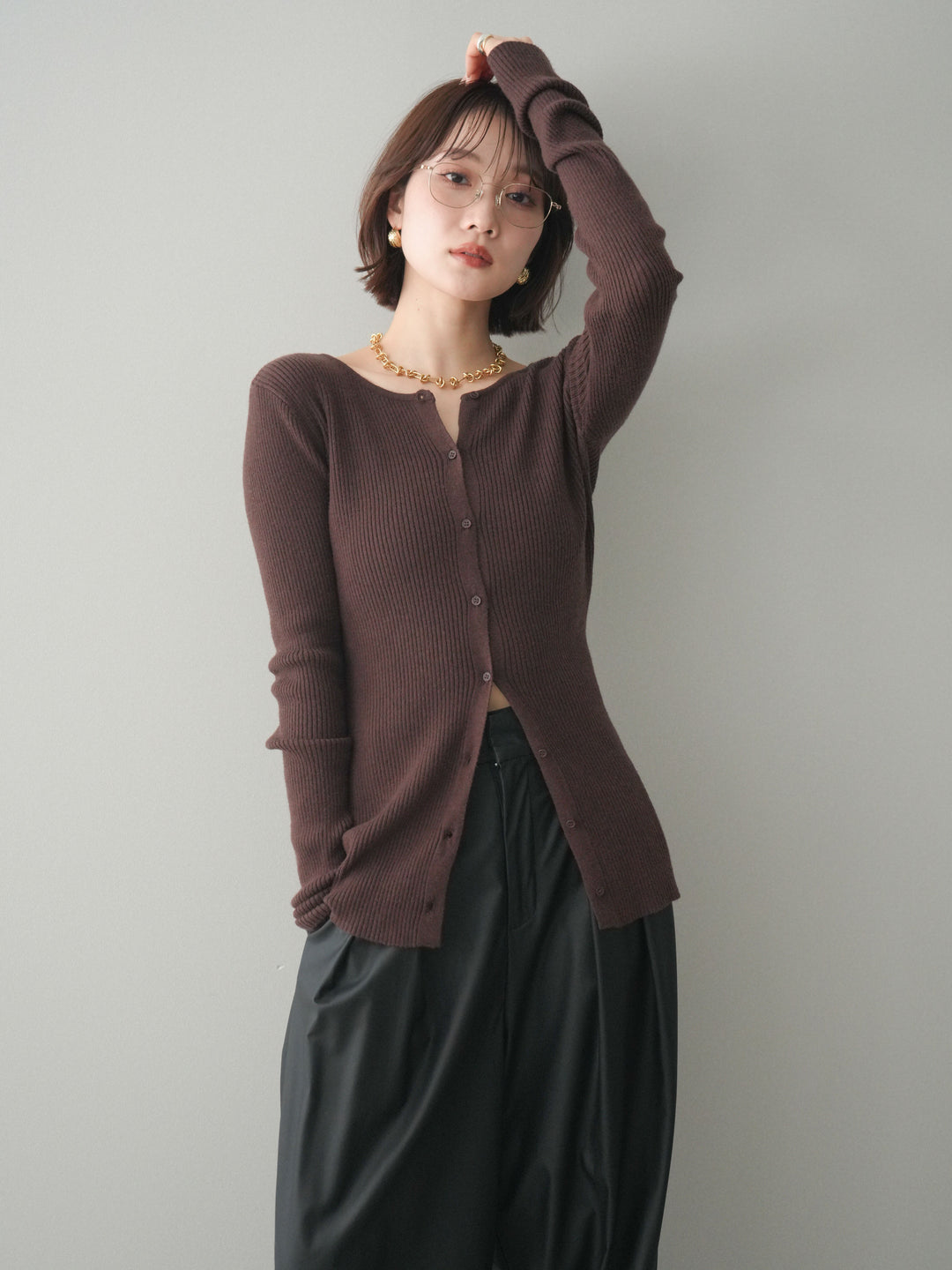 [予約]前後2WAYリブ編みクルーネックカーディガン/darkbrown