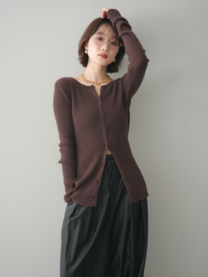 [予約]前後2WAYリブ編みクルーネックカーディガン/darkbrown