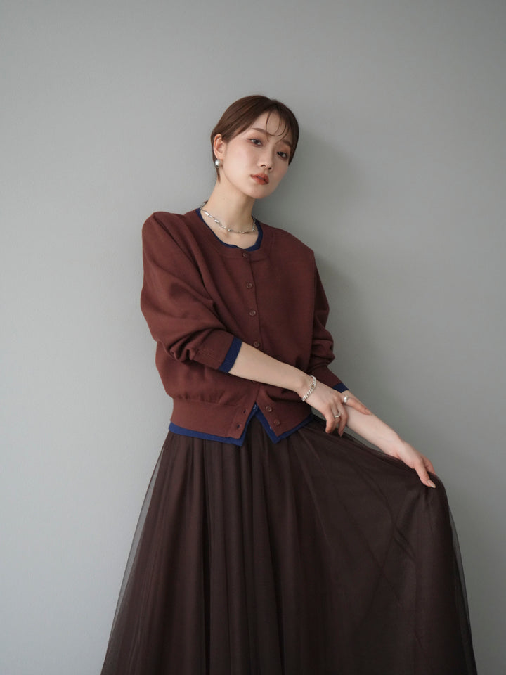 [SET]配色レイヤードカーディガン+チュールボリュームスカート(2set)