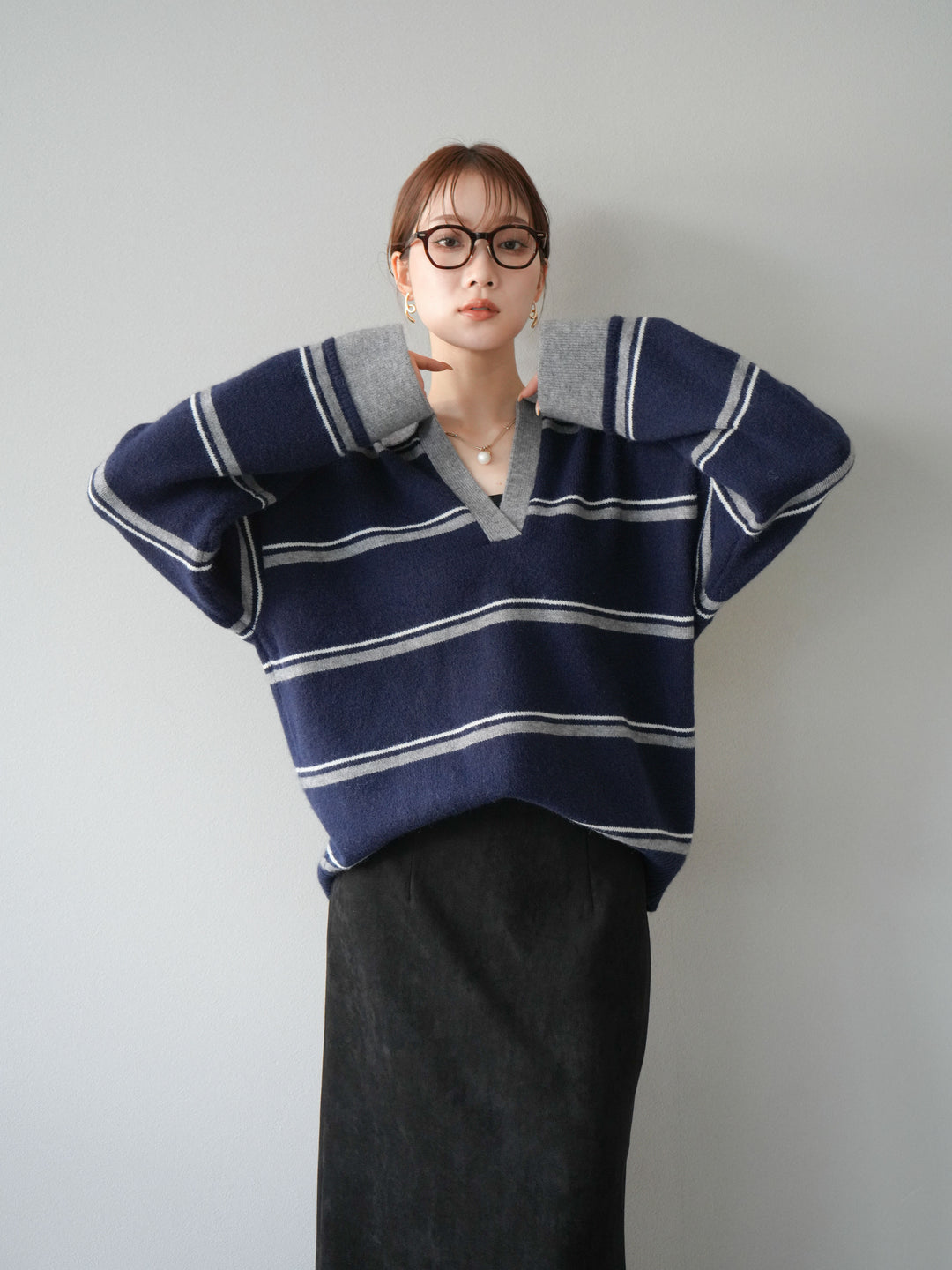 [SET]ポロ襟スキッパーボーダーニットプルオーバー+スウェードIラインスカート(2set)