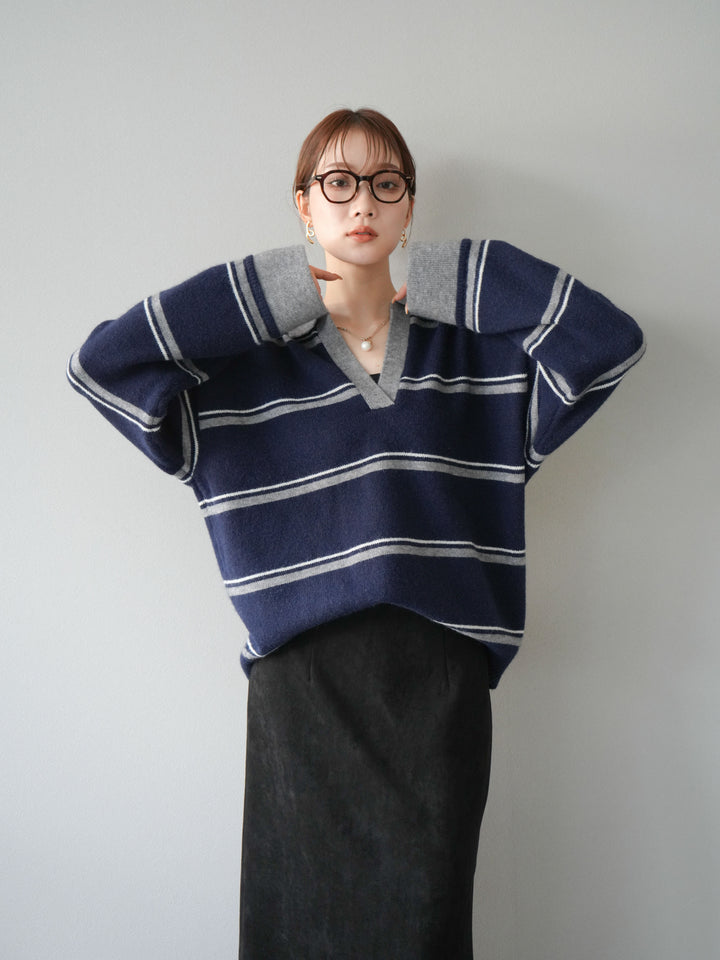 [SET]ポロ襟スキッパーボーダーニットプルオーバー+スウェードIラインスカート(2set)