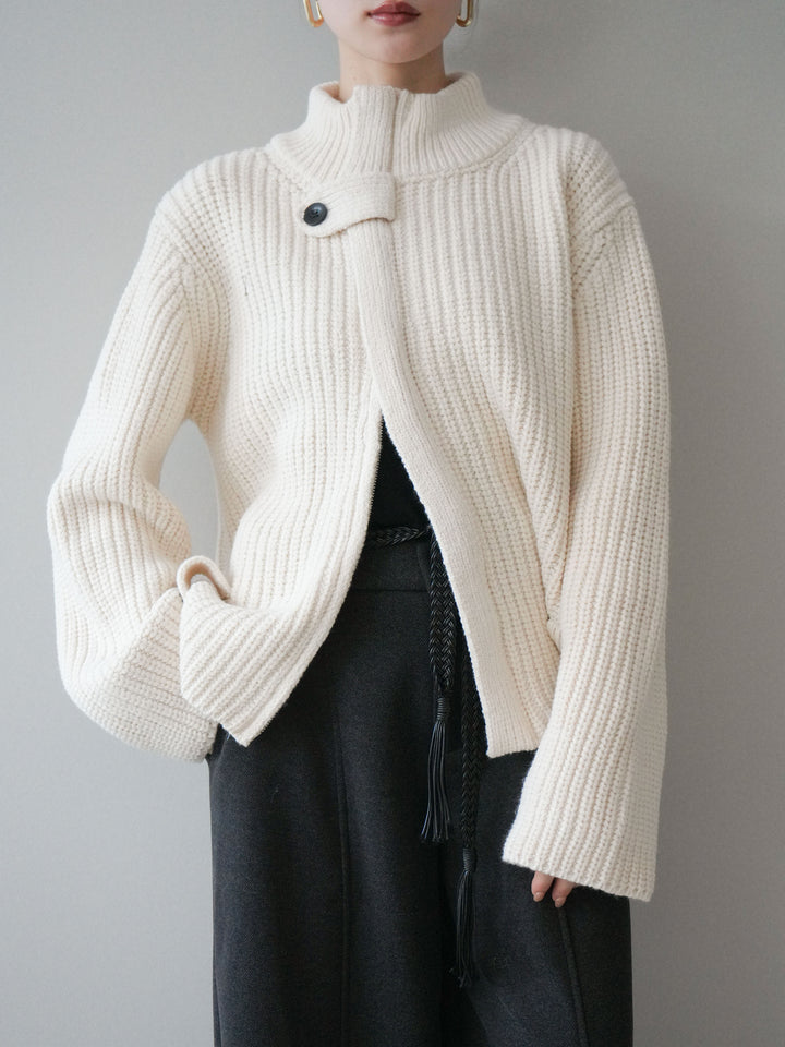 [SET]畦編みボトルネックZIPニットカーディガン+ベルト付裏起毛センターシームカーブパンツ(2set)