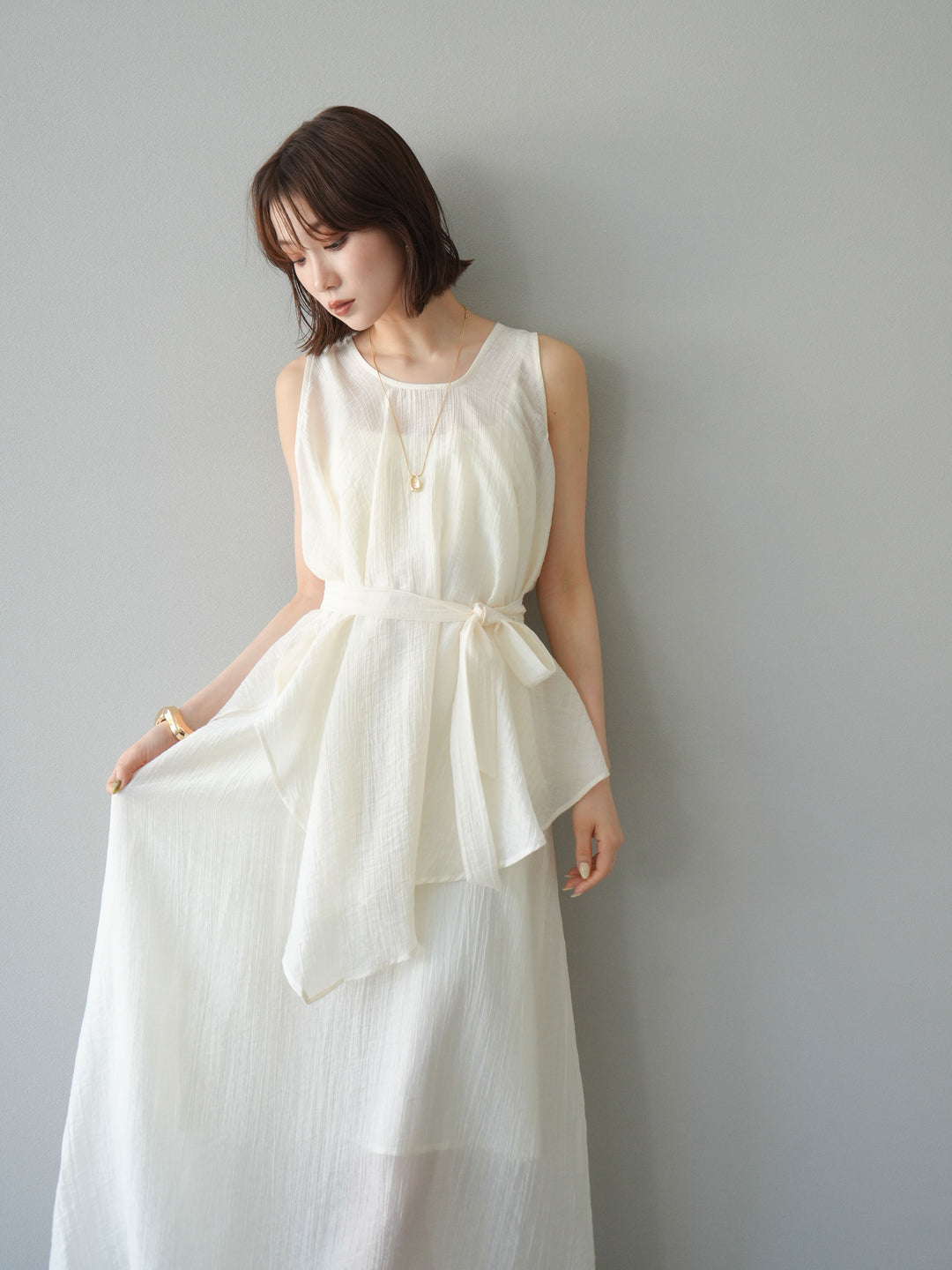 [SET]ワッシャーシアーアシメブラウス＆キャミワンピース+選べるアクセセット(2set)