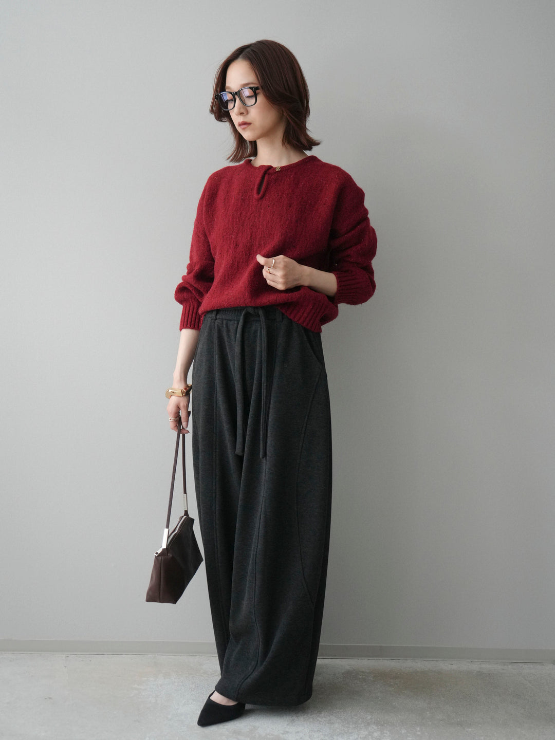 [予約]ツイストネックラメネップヤーンニットプルオーバー/red