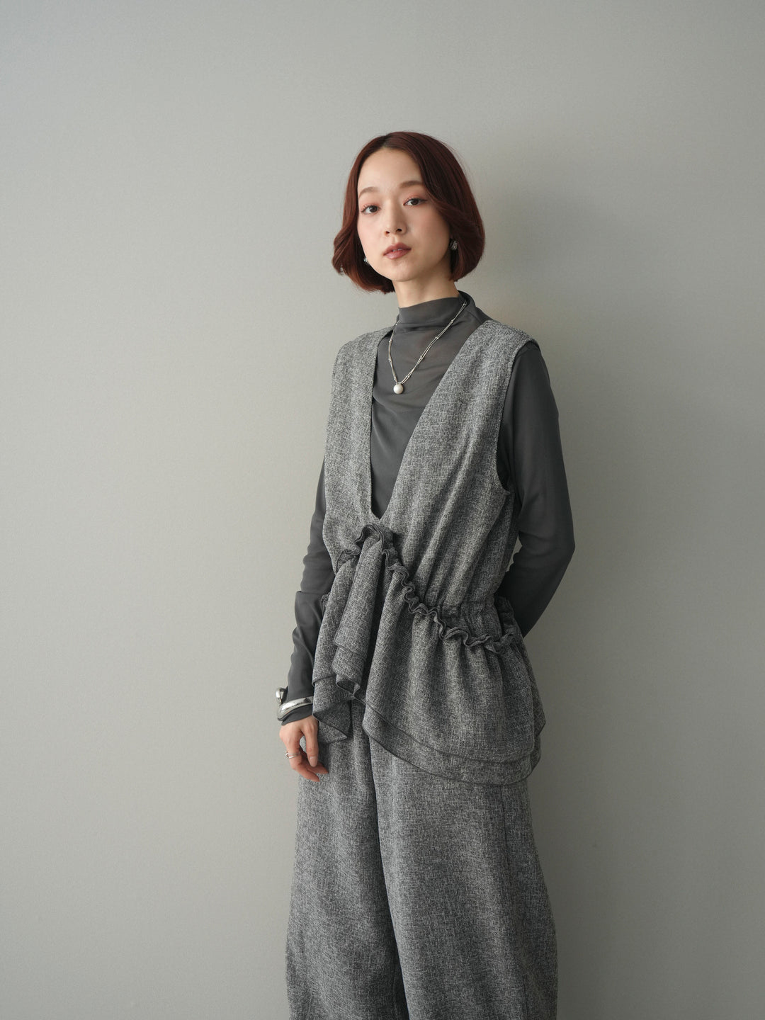 [SET]3WAYミックスツイードギャザーオールインワン+シアープチネックストレッチトップス(2set)