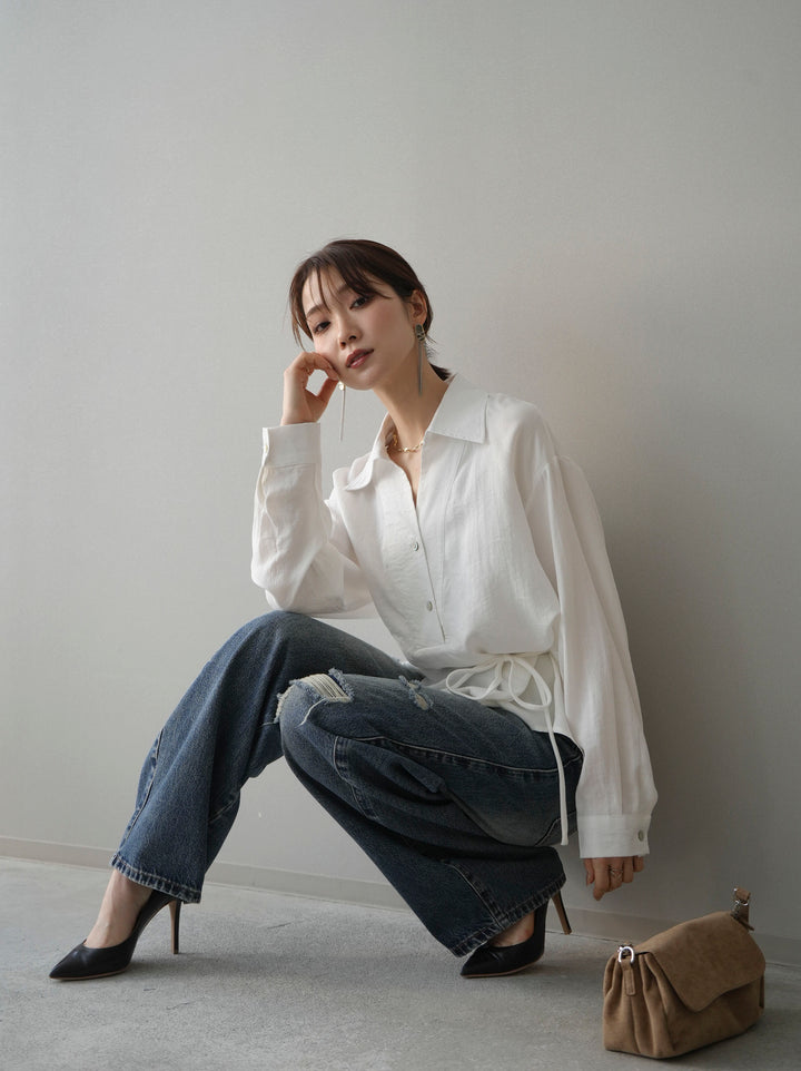 [SET]Vネック変形ラインシャツ+ダメージデニムセミワイドパンツ(2set)