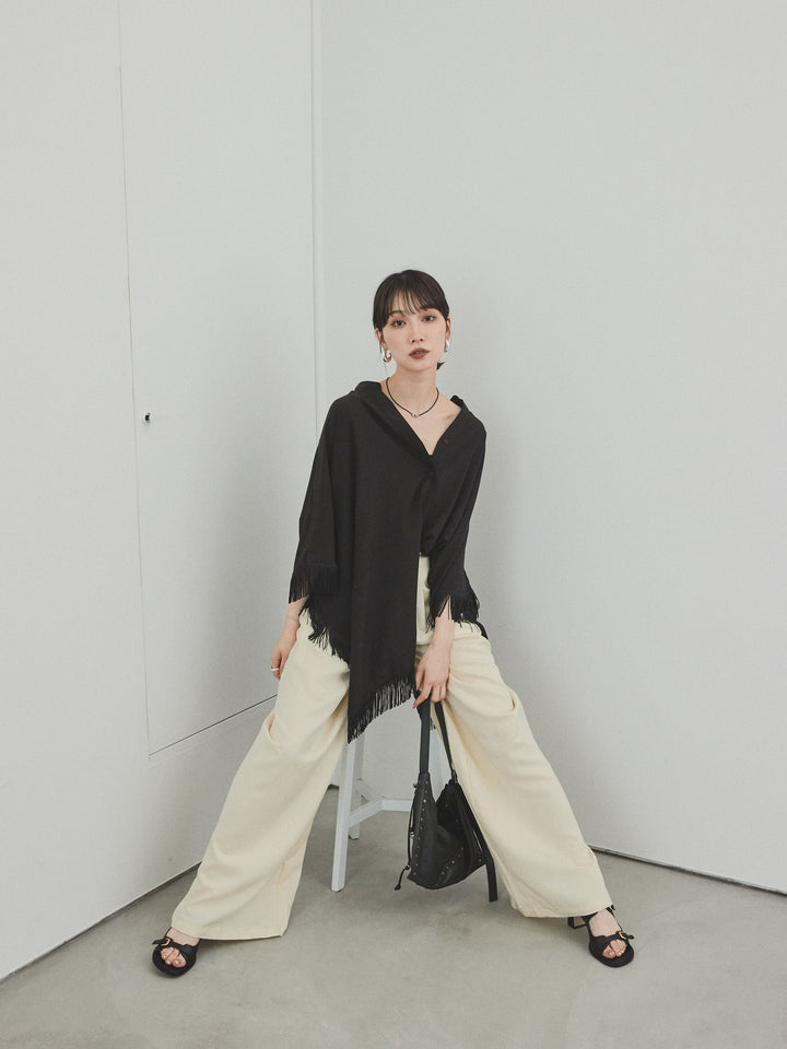 [SET] 方形流蘇斗篷襯衫 + 亞麻觸感褶皺寬褲 (2 件套)