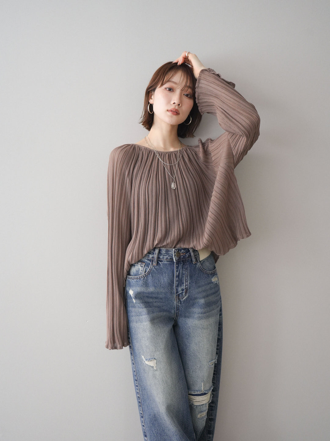 [SET]プリーツシアーフレアスリーブニットトップス+プリーツシアーフレアスリーブニットトップス(2set)