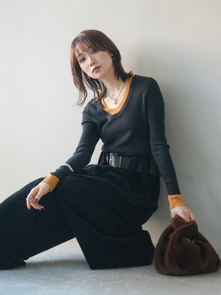 [SET]Uネック配色レイヤードリブニットトップス+選べるアクセセット(2set)