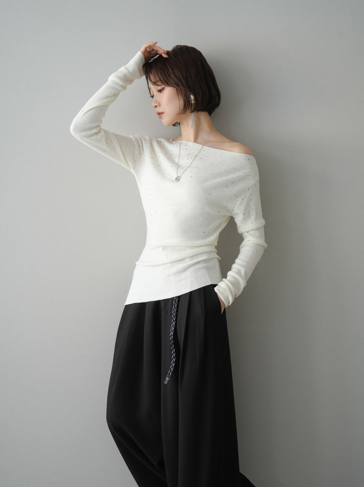 [予約]ラインストーンアシンメトリーニットトップス/ivory