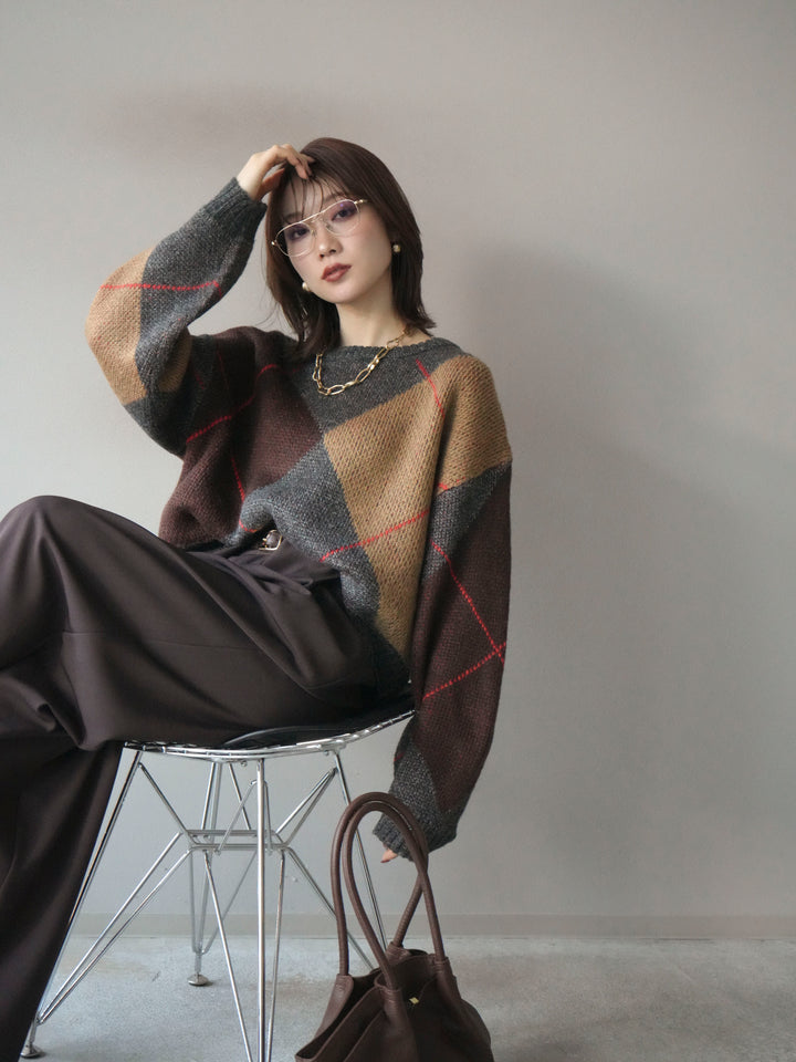 [予約]配色ステッチアーガイル柄ニットプルオーバー/charcoal