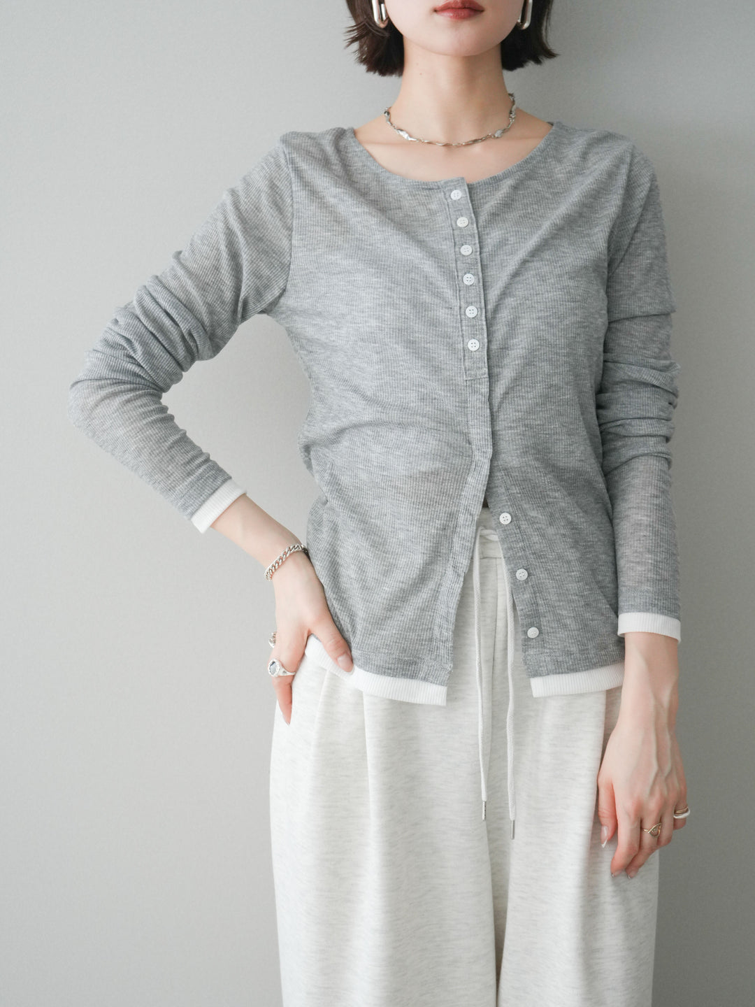 [予約]シアーリブバイカラーカーディガン/gray