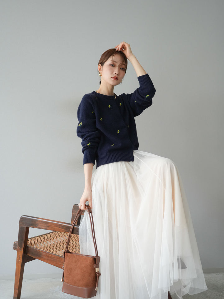 [SET]フラワー刺繍ニットカーディガン+チュールボリュームスカート(2set)
