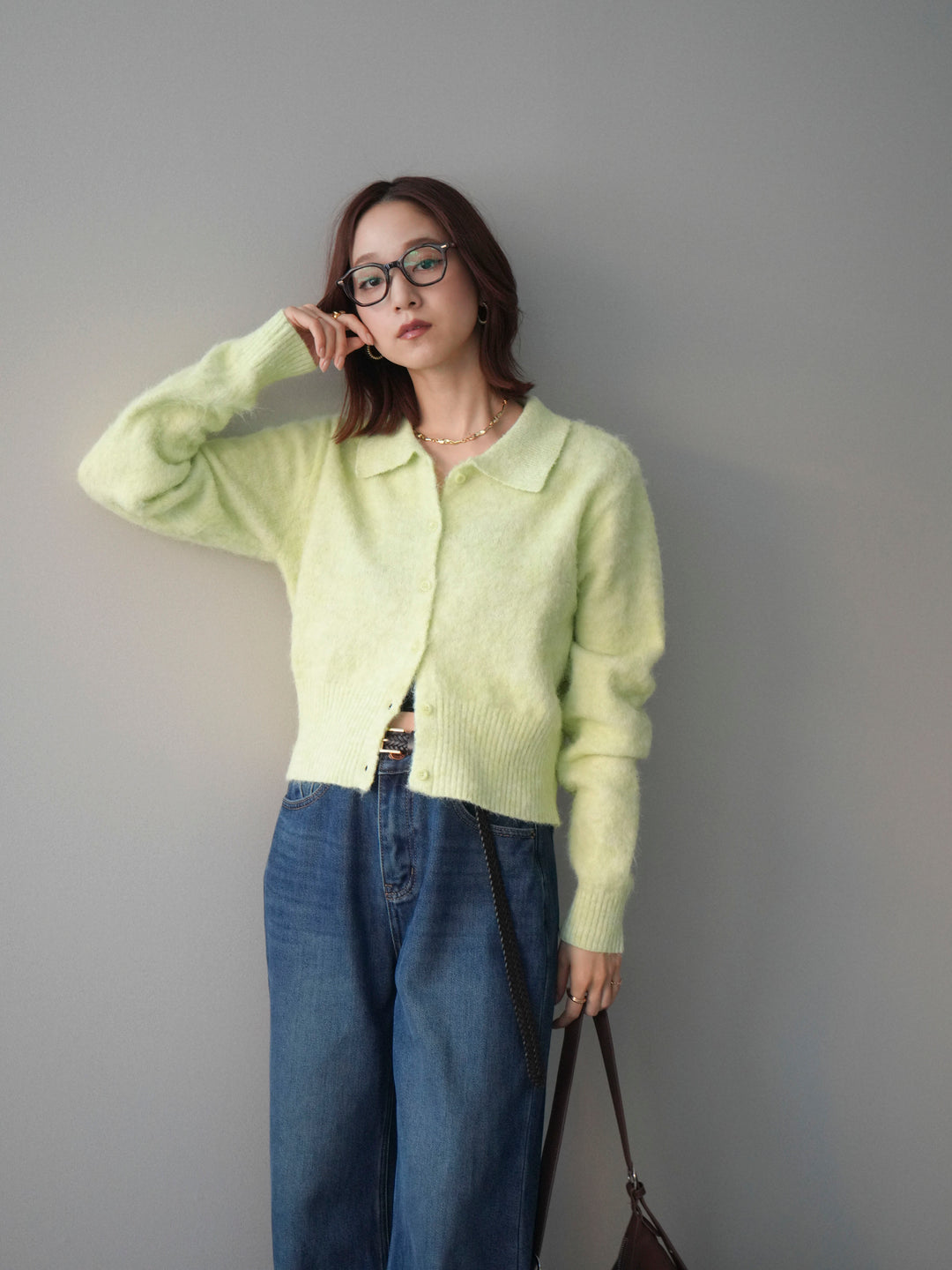 [SET]モヘア衿付きボタンプルオーバー+裏起毛裾フリンジワイドデニムパンツ(2set)