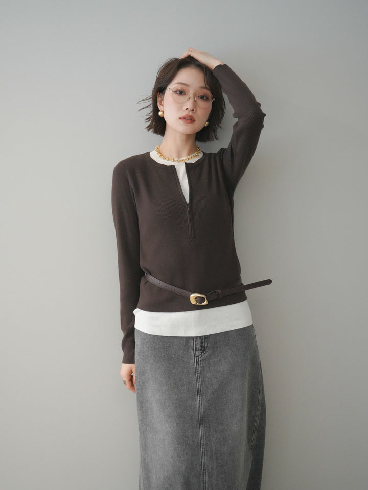 [予約]フロントジップ配色レイヤードニットトップス/choco