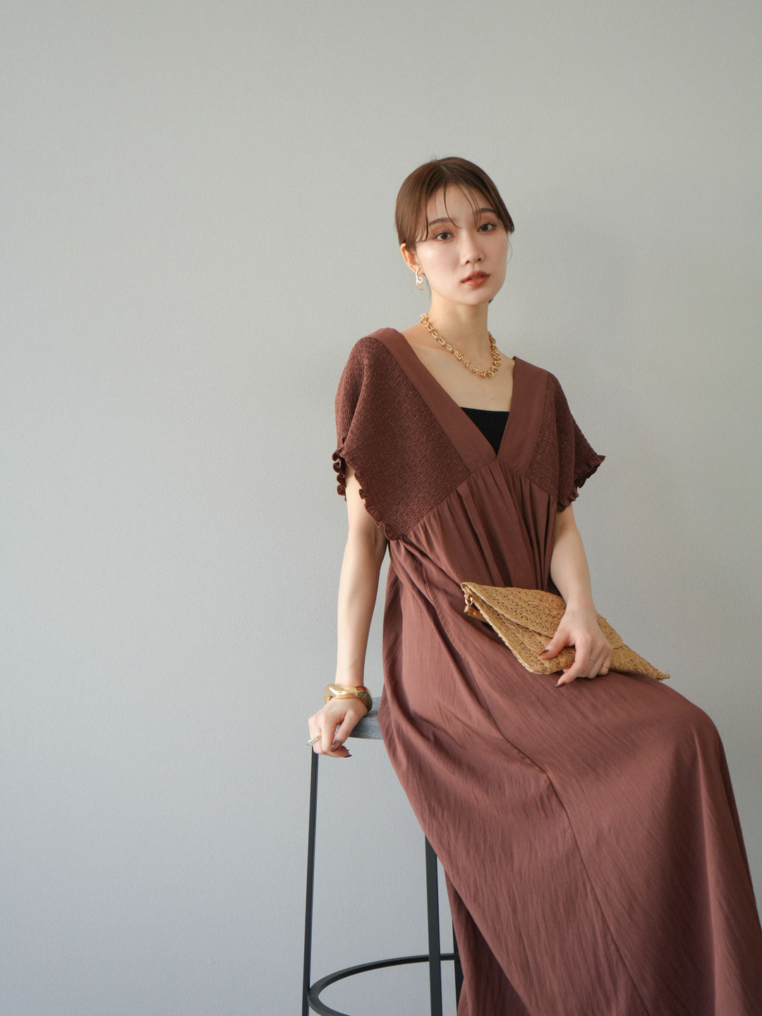 [SET] 褶皺V領連身裙 + 褶皺V領連身裙 (2件套)