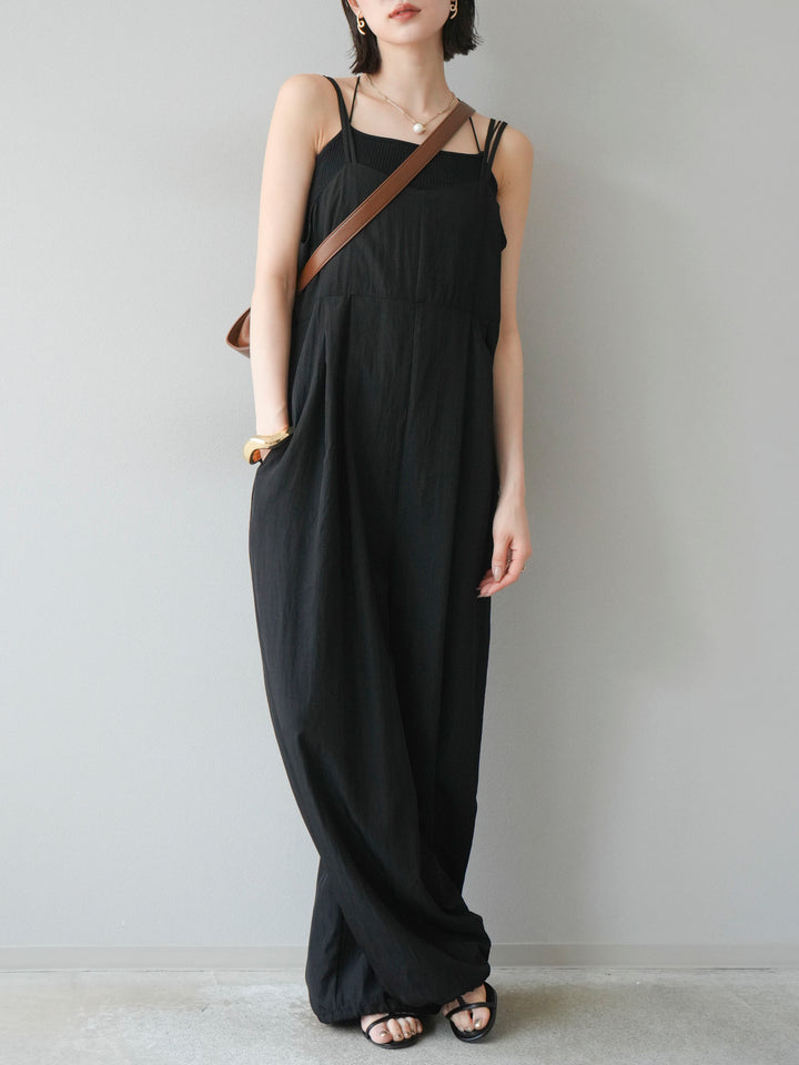 [SET]リネンライクビスチェデザインサロペット+ダブルストラップカットリブブラキャミソール(2set)