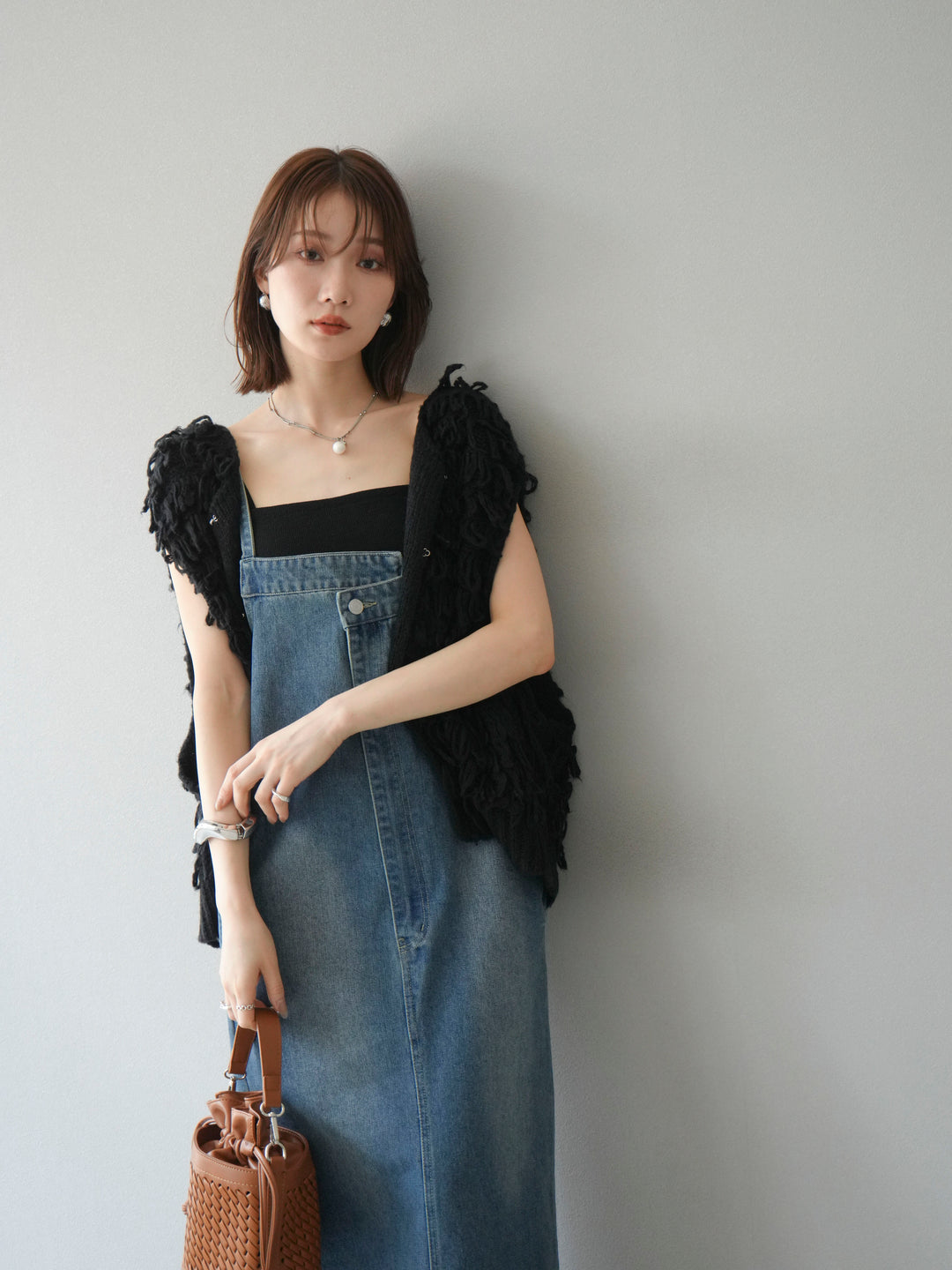 [SET]ループデザインベスト+アシンメトリーデニムワンピース(2set)