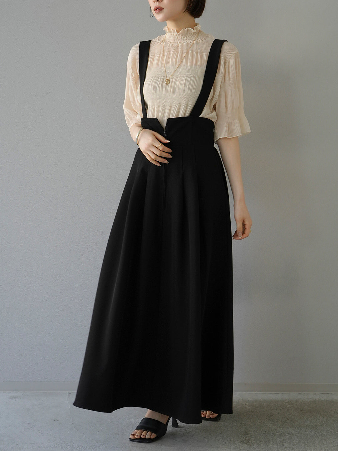 [SET] Shirring chiffon half sleeve blouse + 2WAY flare jumper skirt (2set)