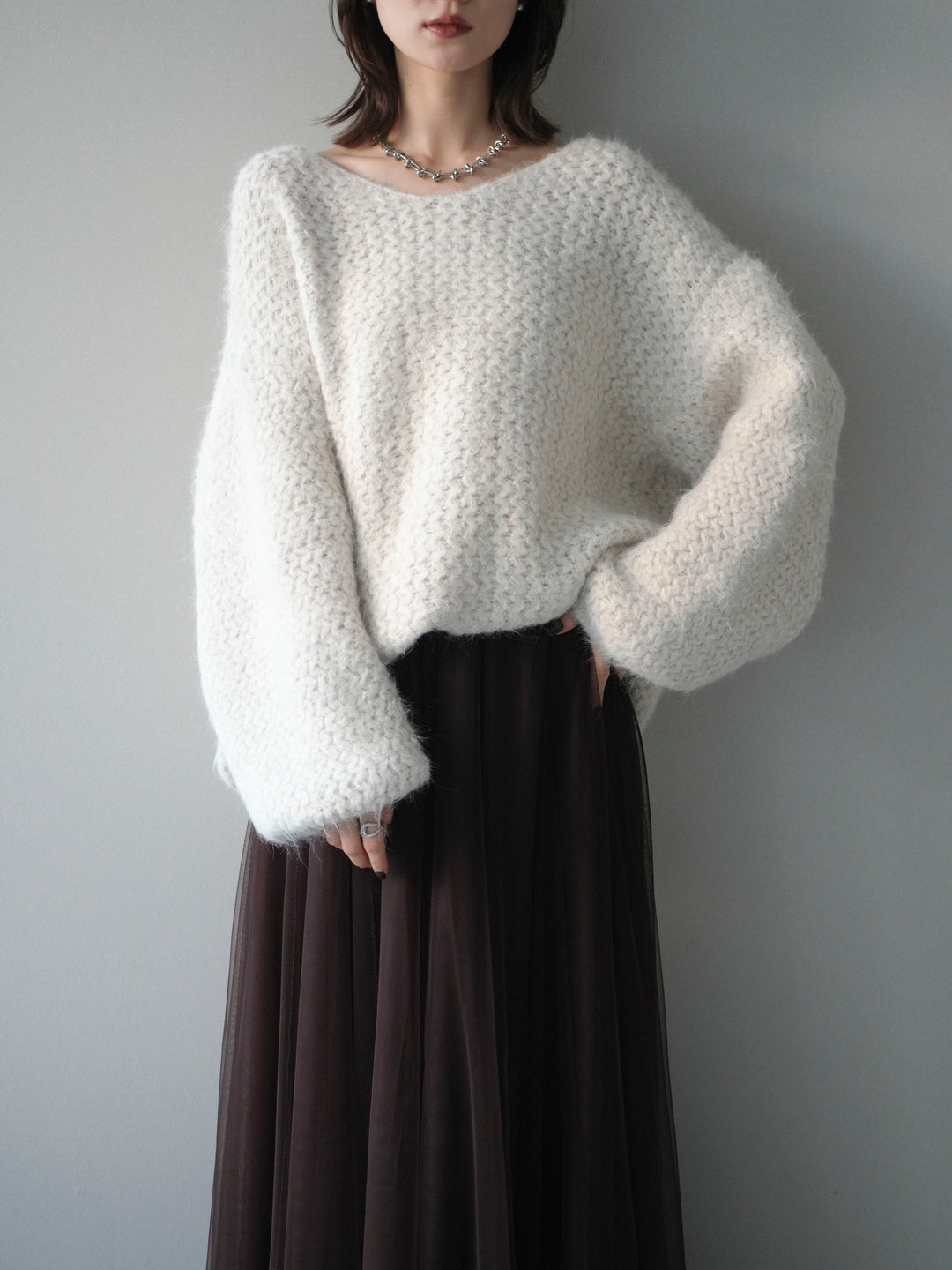 [SET]ウールタッチラメミックスヤーンVネックニットプルオーバー+チュールボリュームスカート(2set)