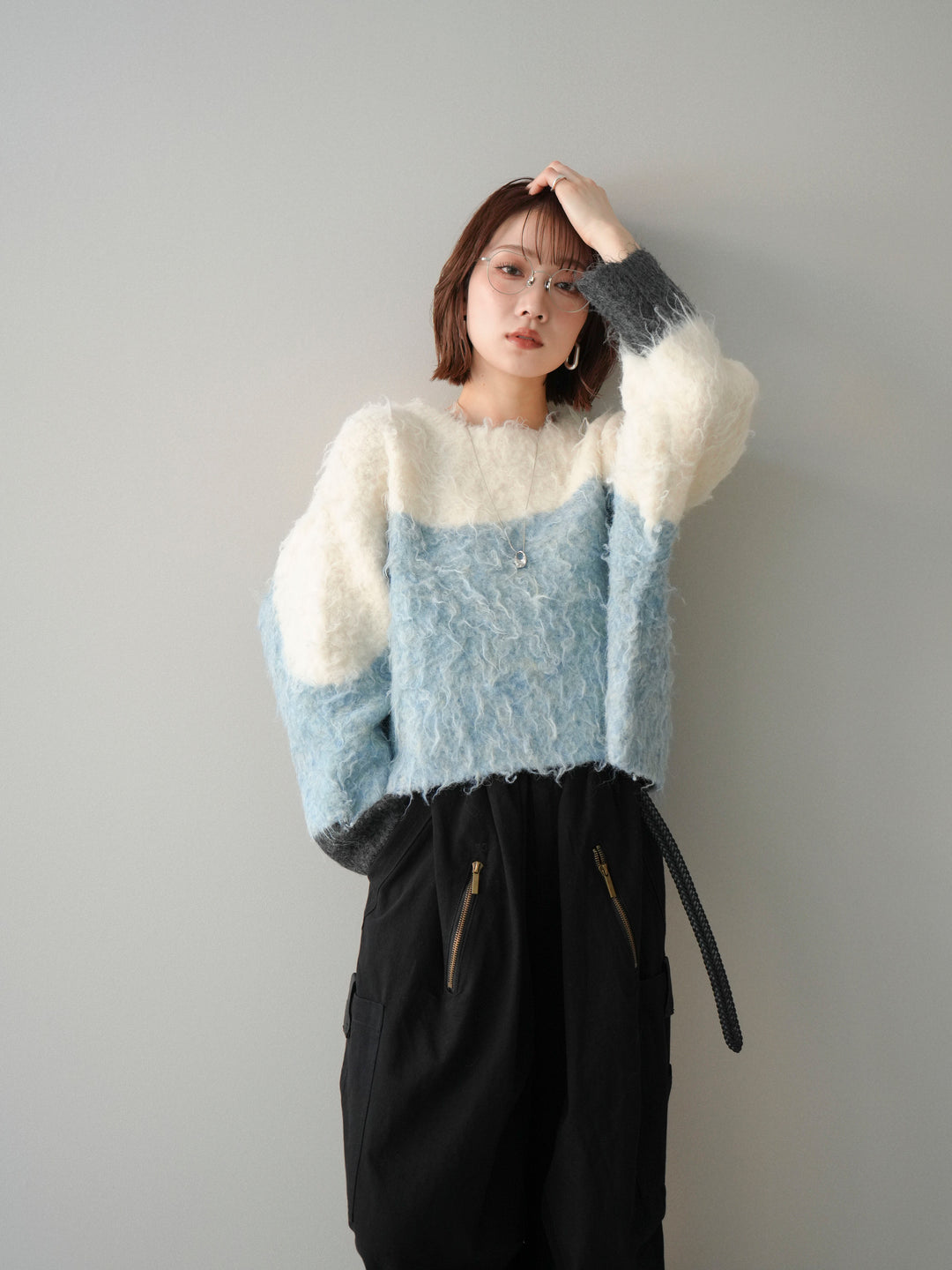 [SET]バイカラーモヘアタッチニットプルオーバー+コットンタックループパンツ(2set)