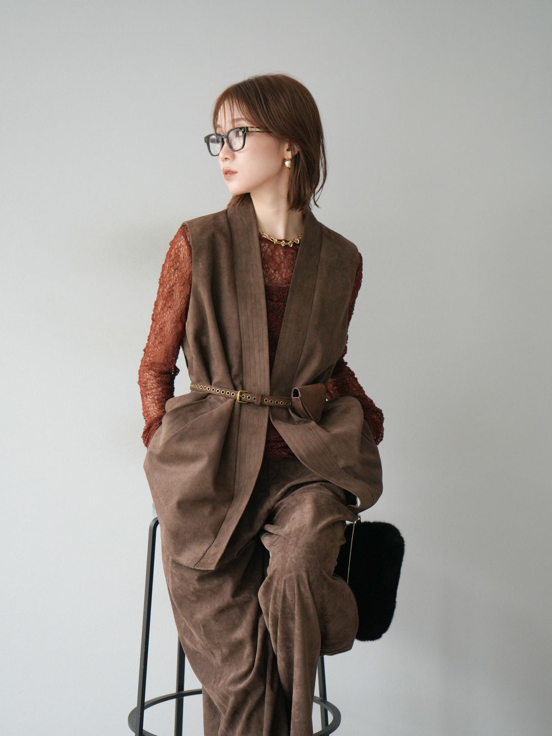 [SET]ポーチベルト付スウェードジレ×パンツSET UP(2set)