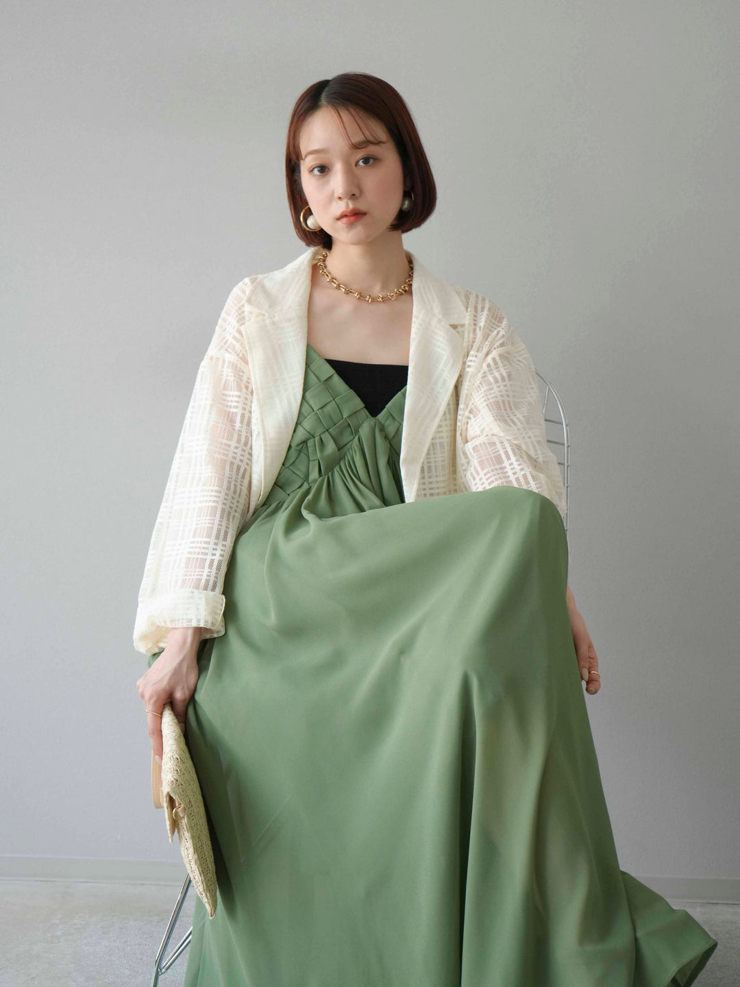 [予約]編み込みデザインシフォンワンピース/グリーン
