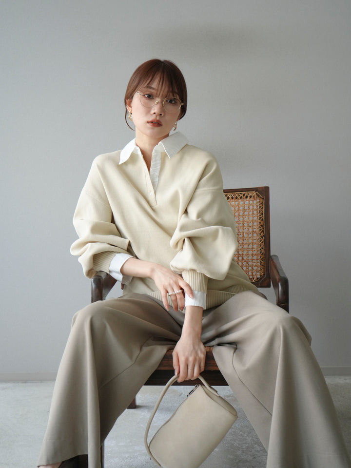 【SET】翻領polo針織套衫+雙褶闊腿褲（2件組）