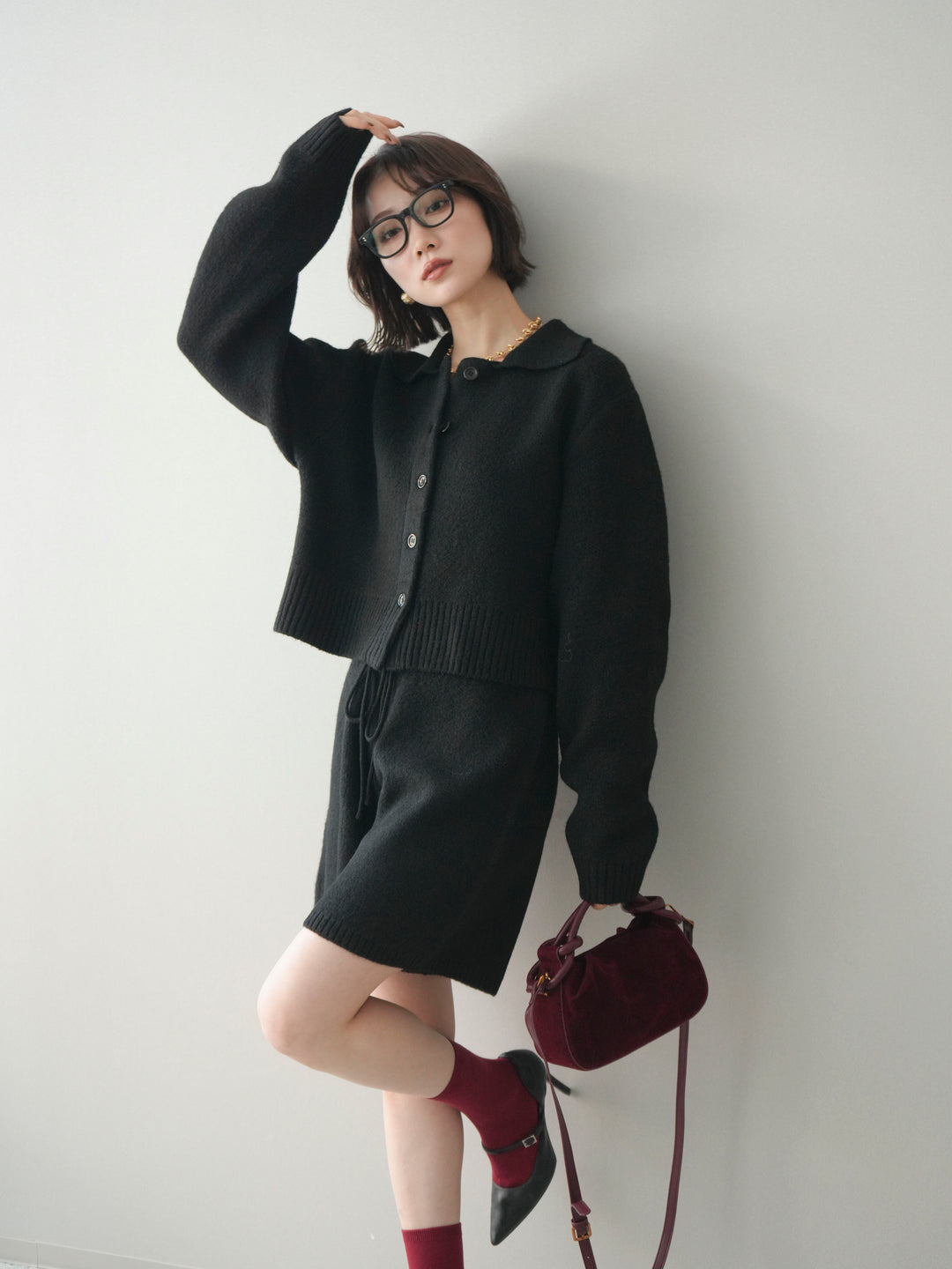 [予約]メランジニット襟付きクロップドカーディガン/black