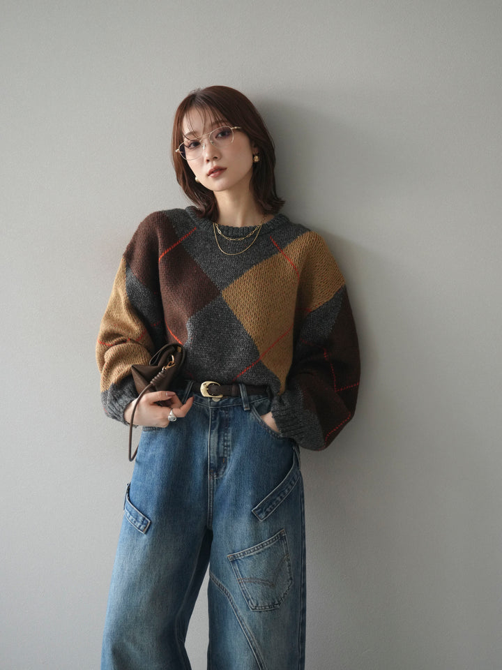 [SET]配色ステッチアーガイル柄ニットプルオーバー+選べるアクセセット(2set)