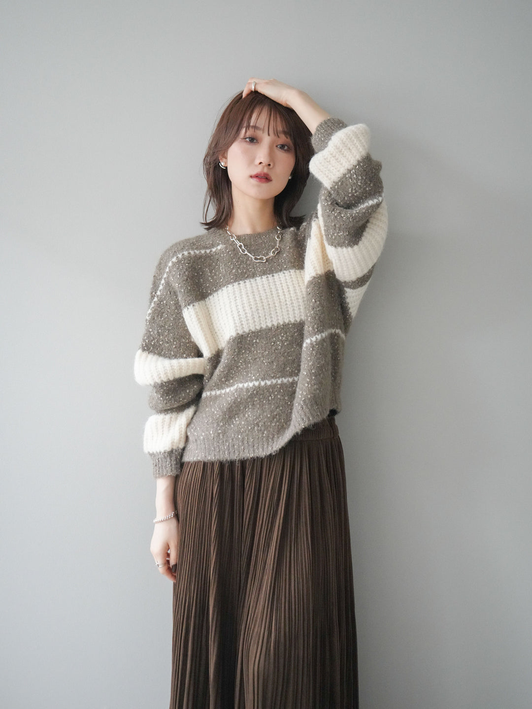 [SET]ネップヤーンボーダーニットプルオーバー+パンチングデザインスエードプリーツスカート(2set)