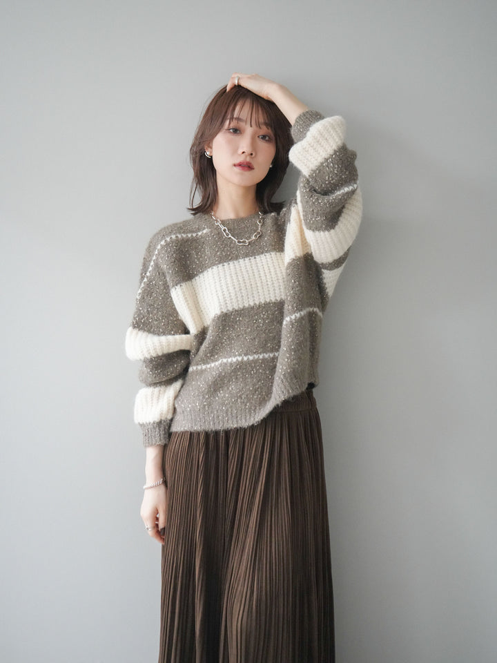 [SET]ネップヤーンボーダーニットプルオーバー+パンチングデザインスエードプリーツスカート(2set)