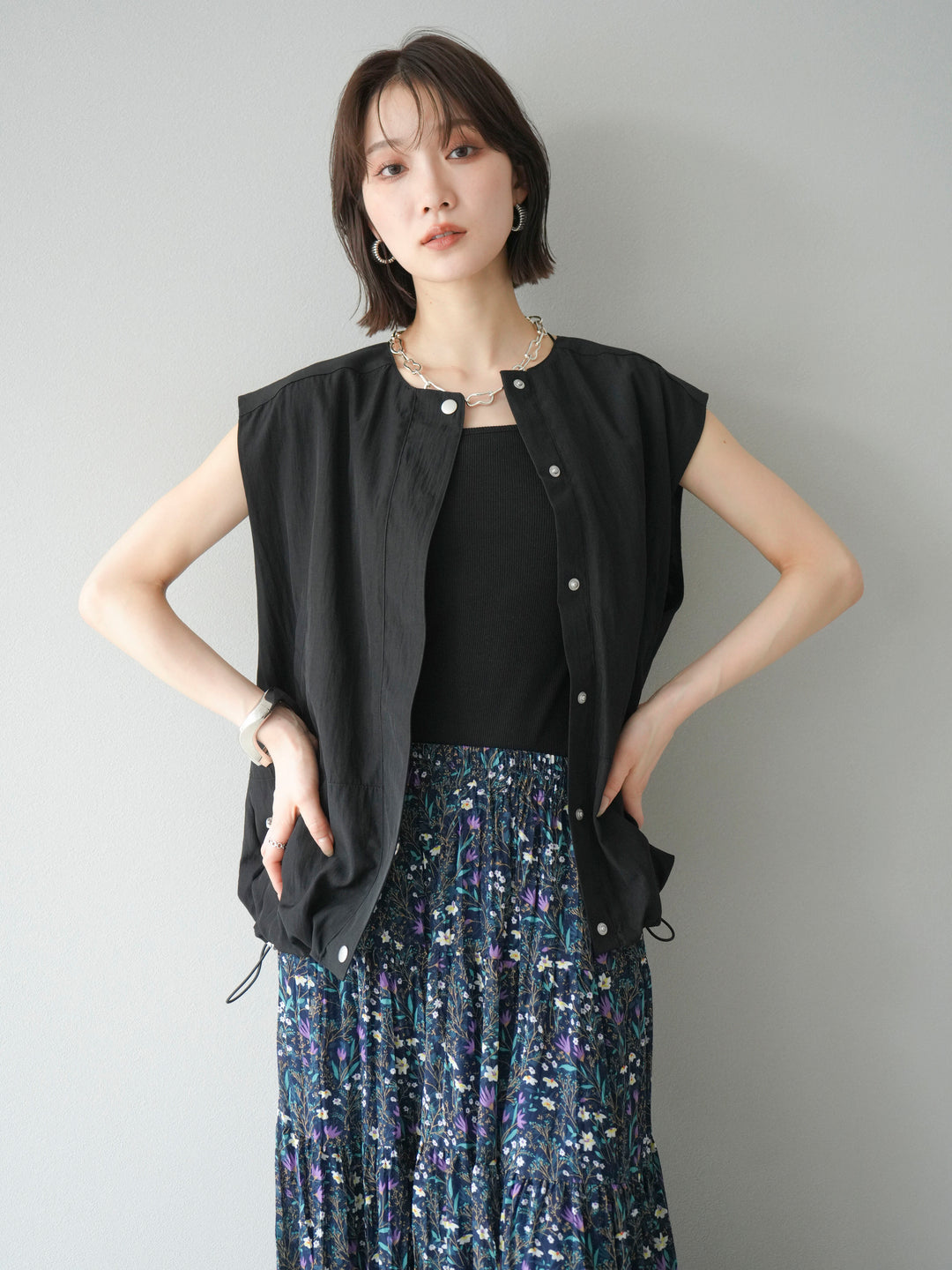 [SET]リネンライクドロストバルーンブルゾン+フラワーワッシャープリーツスカート(2set)