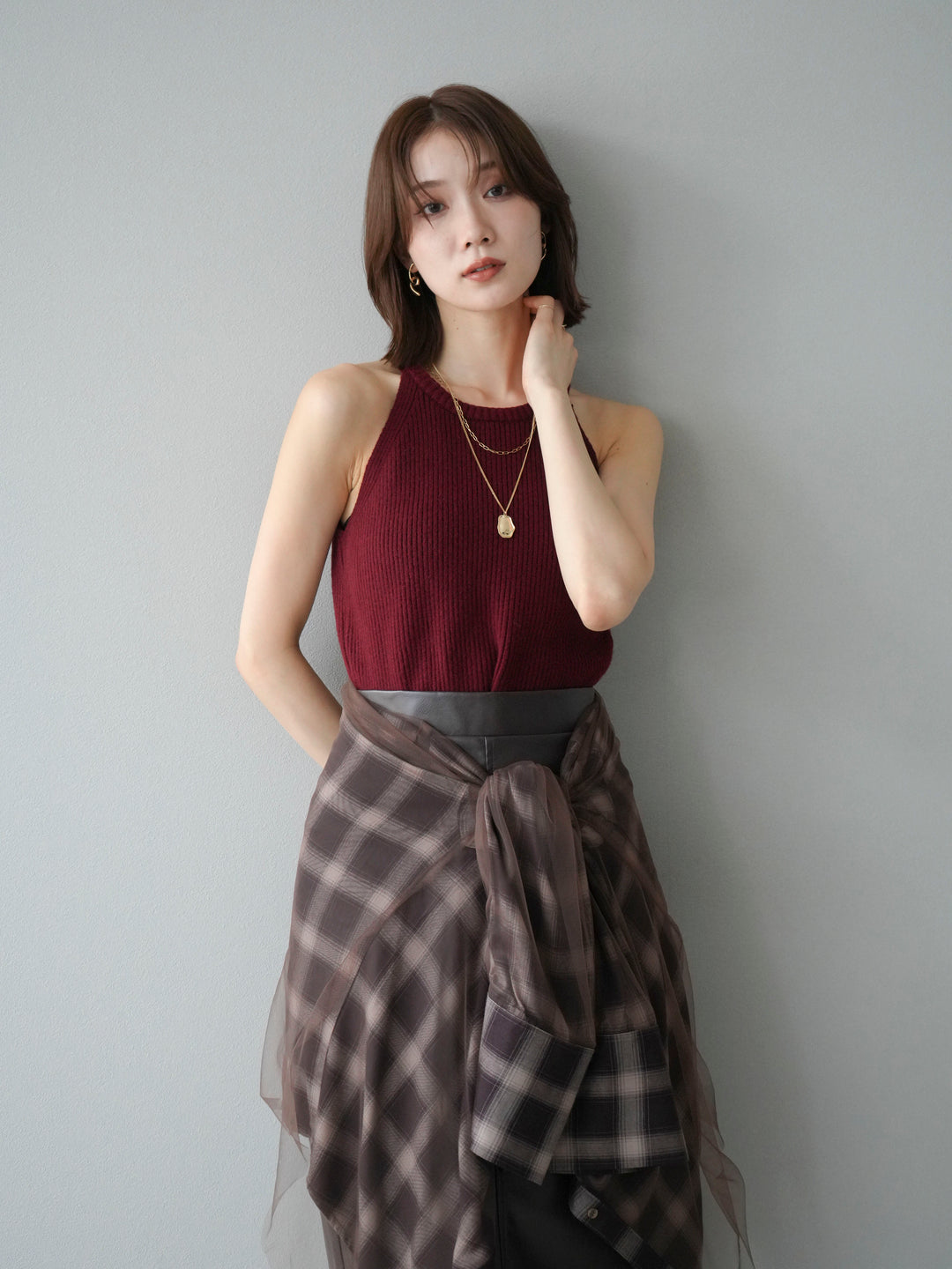 [予約]リブニットアメスリタンクトップ/ボルドー