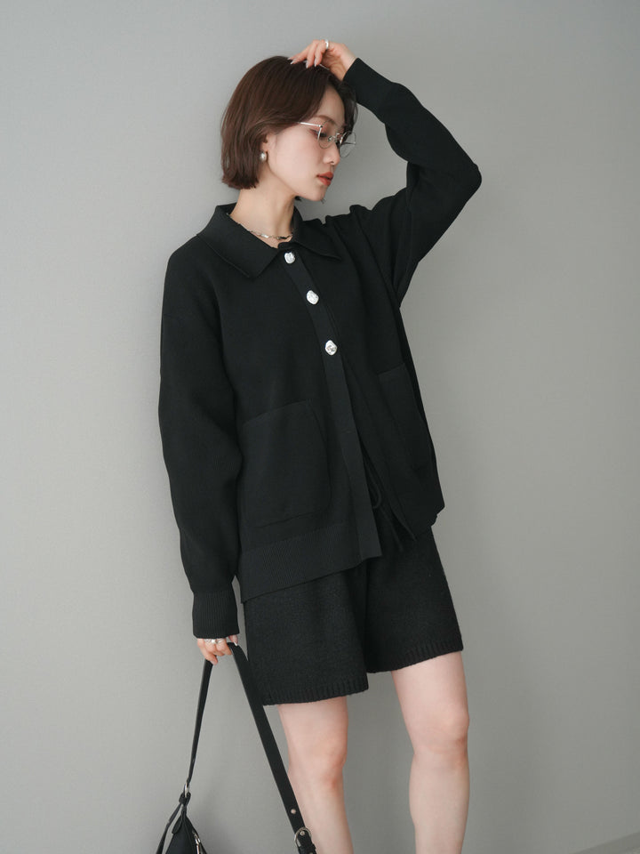 [予約]メタルボタン襟付きポリエステルニットカーディガン/black