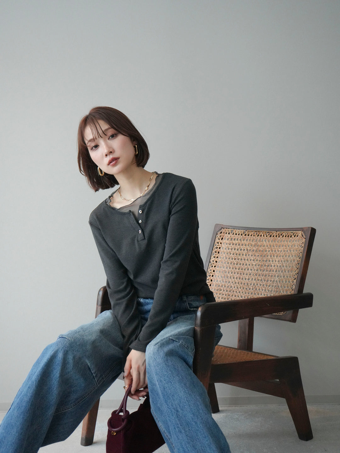 [予約]チュールレイヤードヘンリーネックカットソー/charcoal