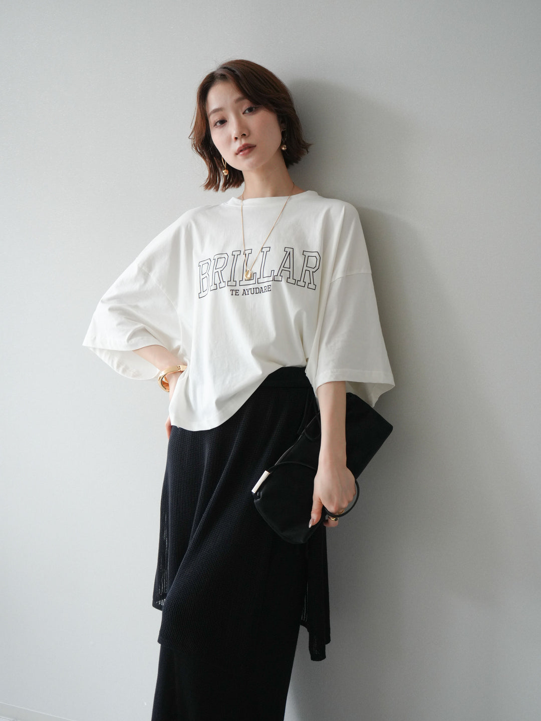 [SET]ボックスシルエットロゴTEE+レイヤードラップニットスカート(2set)