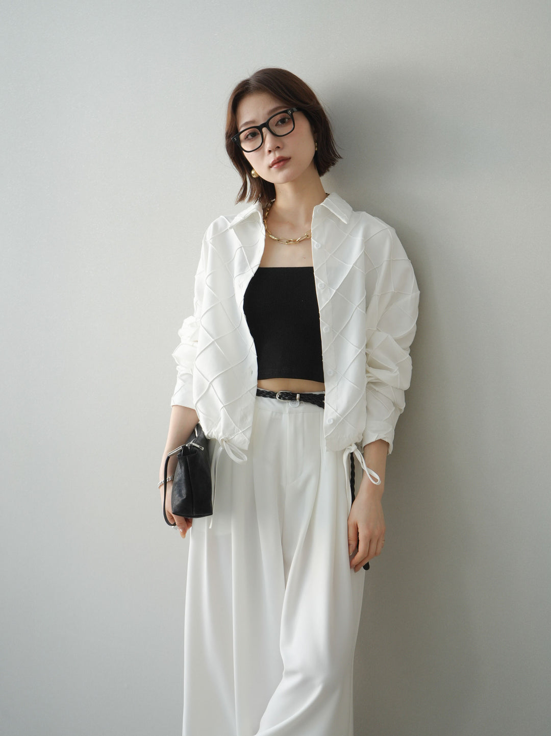 [SET]パイピングクロスデザインブラウス+編み込みベルト付タックワイドパンツ(2set)